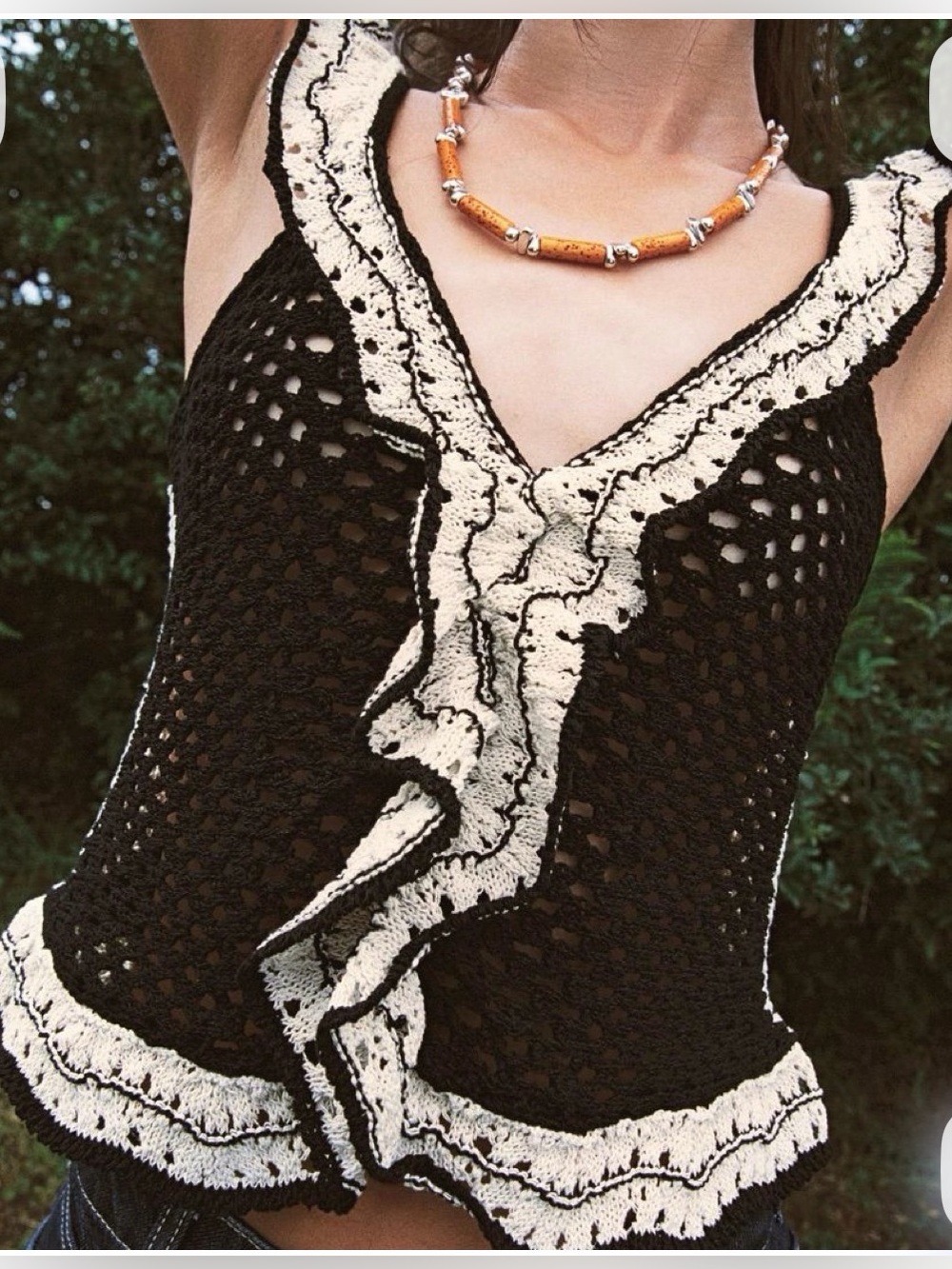 Zara Black Crochet Tank with Cream Ruffle Trim